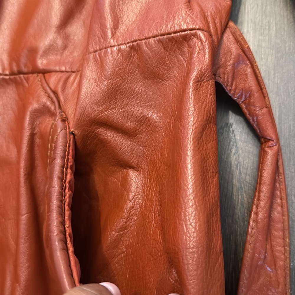 🟢 Vintage 1980s/1990s Rust Orange Belted 100% Leather Jacket - Picture 7 of 9